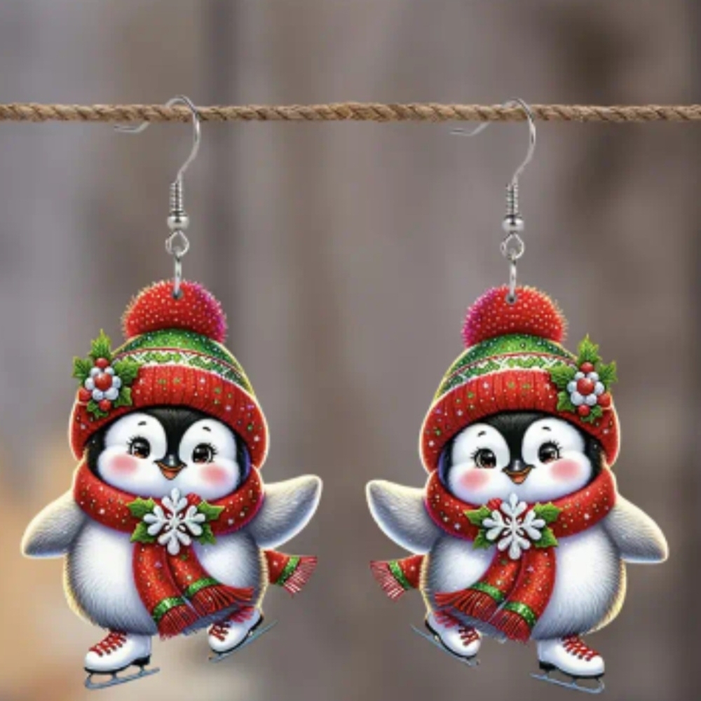 Festive Christmas Ice Skating Penguin Earrings